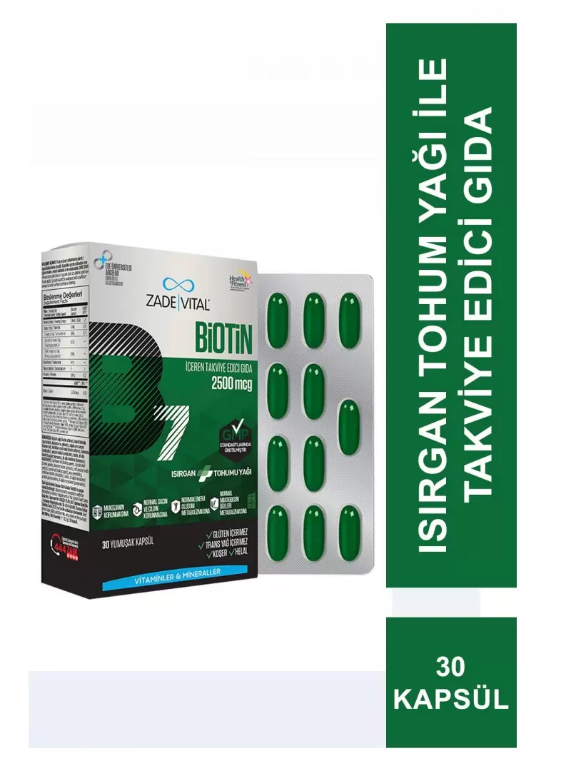 Zade Vital Biotin B7 Isırgan Tohum Yağı 30 Kapsül