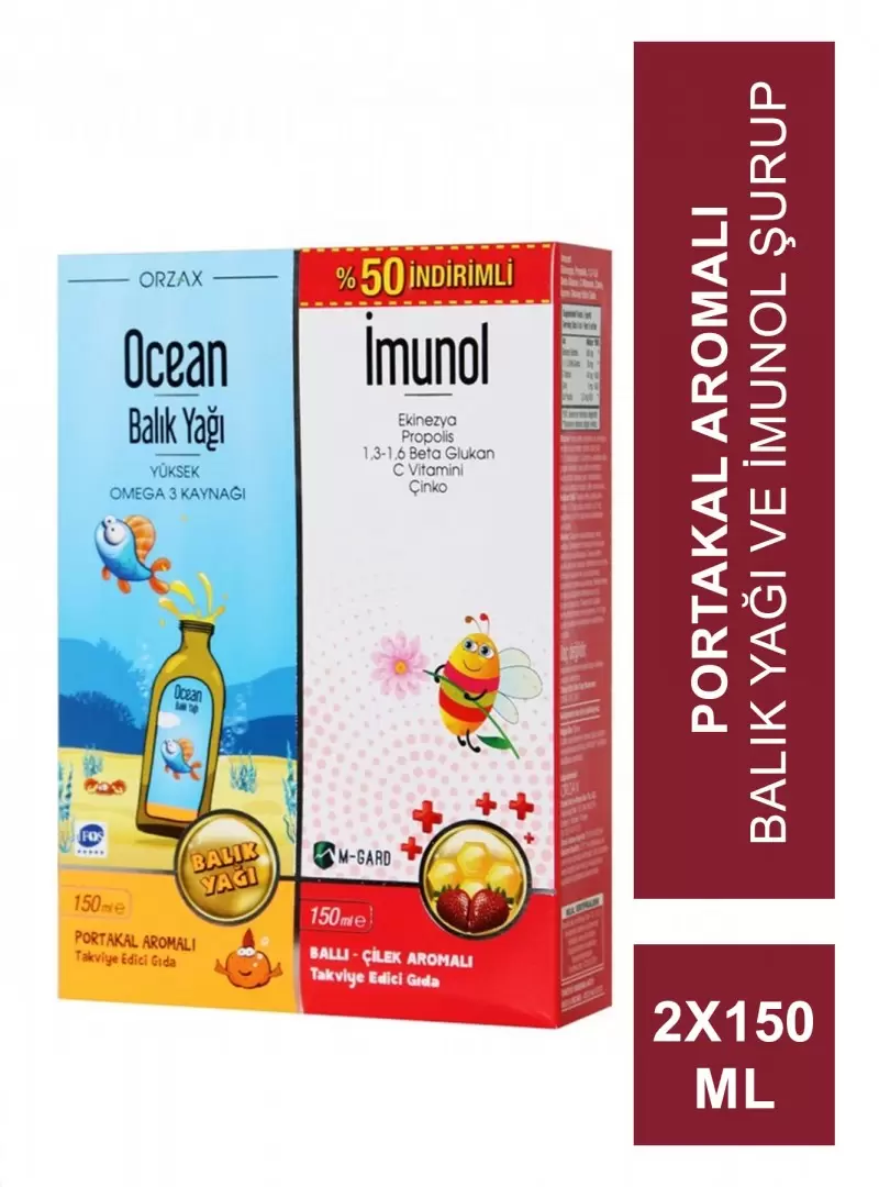 Ocean Orange Portakal Aromalı Balık Yağı Şurup 150ml + Ocean Imunol Şurup 150ml (S.K.T 05-2024)