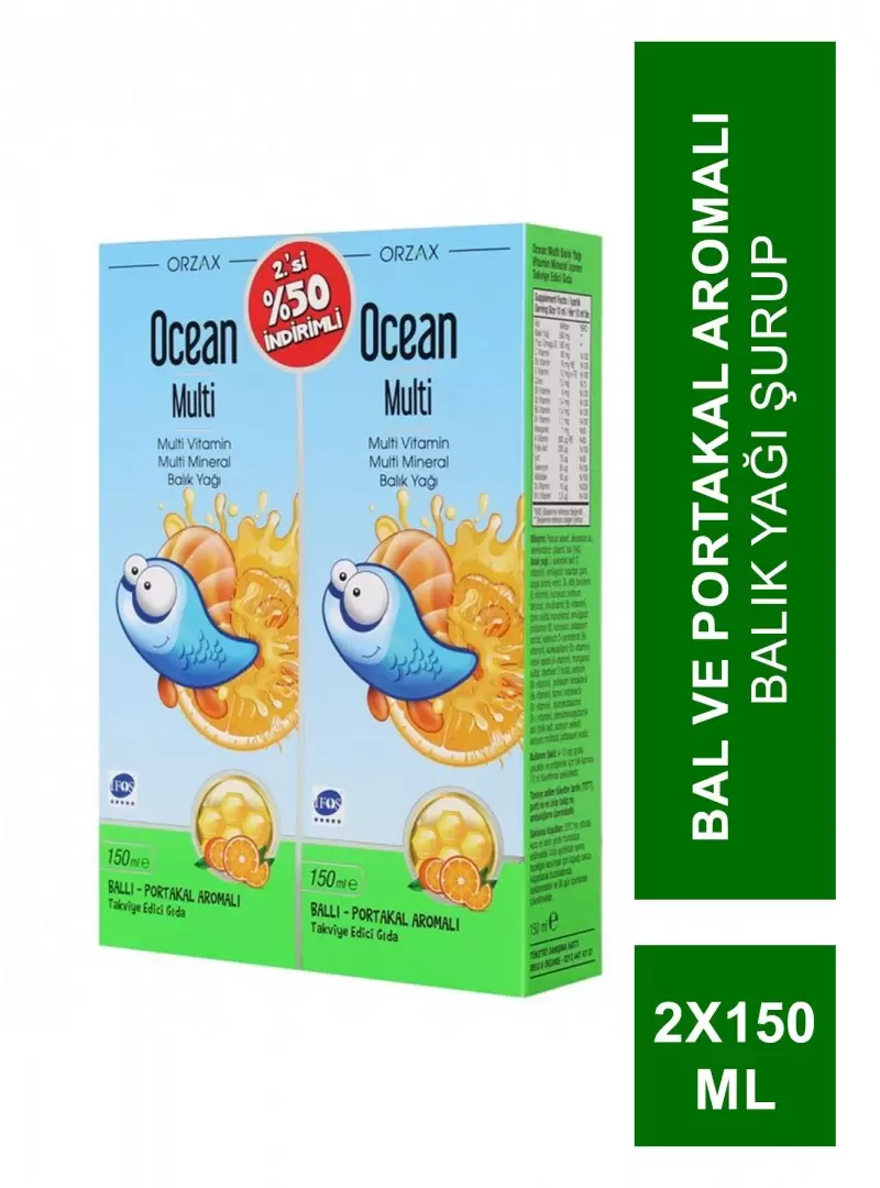 Ocean Multi Şurup Balık Yağı Bal ve Portakal Aromalı 150 ml ( 2'li Set )(S.K.T 08-2024) (S.K.T 08-2024)