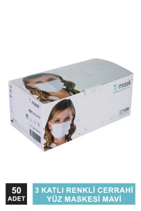 Dentac T-Mask 3 Katlı Renkli Cerrahi Yüz Maskesi Mavi 50 Adet