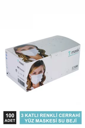 Dentac T-Mask 3 Katlı Renkli Cerrahi Yüz Maskesi Su Beji 100 Adet (2 x 50LI Kutu)