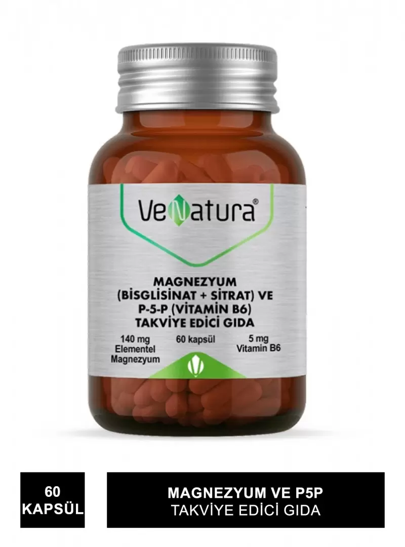 VeNatura Magnezyum (Bisglisinat+Sitrat) ve P5P (Vitamin B6) 60 Kapsül