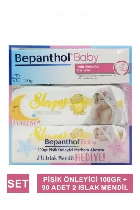 Bepanthol Baby Pişik Önleyici Merhem 100 Gr + 2 Paket Sleepy Sensitive Islak Havlu 90'lı Hediye