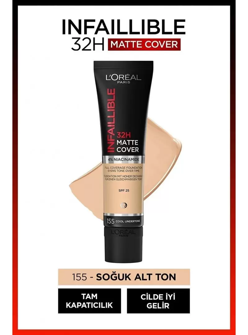 Loreal Paris Infaillible 32H Matte Cover Yüksek Kapatıcı Fondöten - 155 NATUR