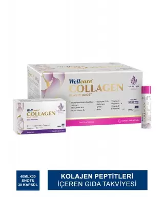 Wellcare Collagen Beauty Boost Plus - Karpuz & Nane Aromalı - 5500 mg Likit Form 40mlx30Shot & 30 Kapsül