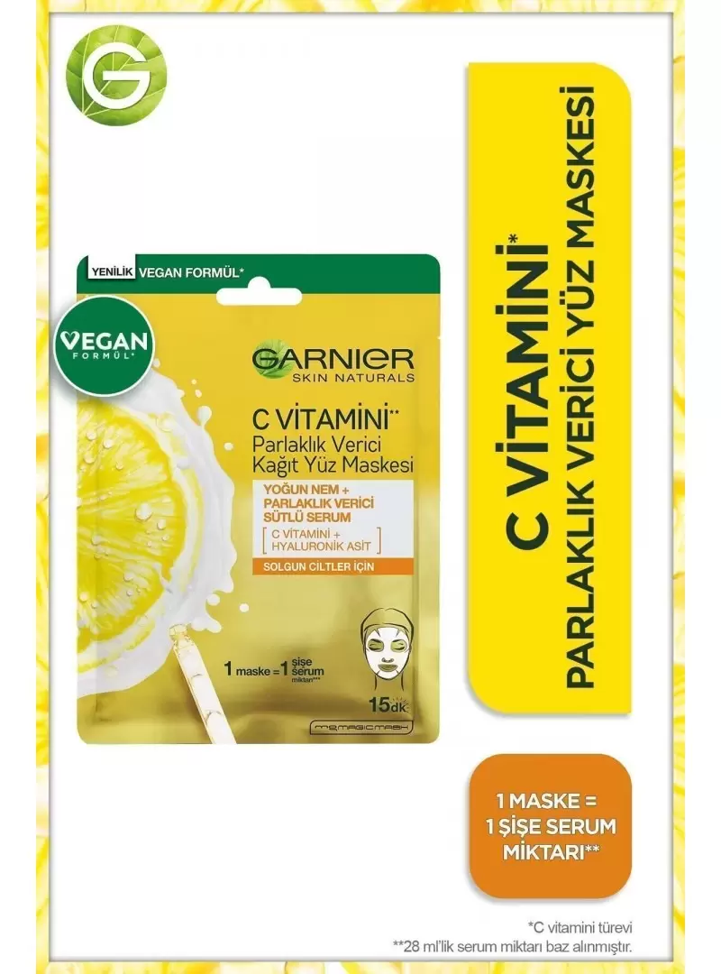 Garnier C Vitamini Parlaklık Verici Kağıt Yüz Maskesi 28 gr