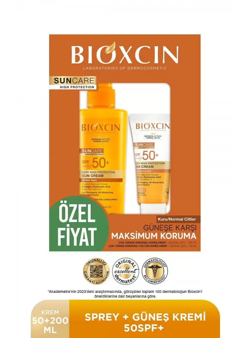 Bioxcin Sun Care Spf 50 Yüz Güneş Kremi 50 ml Kuru ve Normal Cilt + Vücut Güneş Spreyi 200 ml