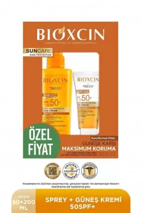 Bioxcin Sun Care Spf 50 Yüz Güneş Kremi 50 ml Kuru ve Normal Cilt + Vücut Güneş Spreyi 200 ml