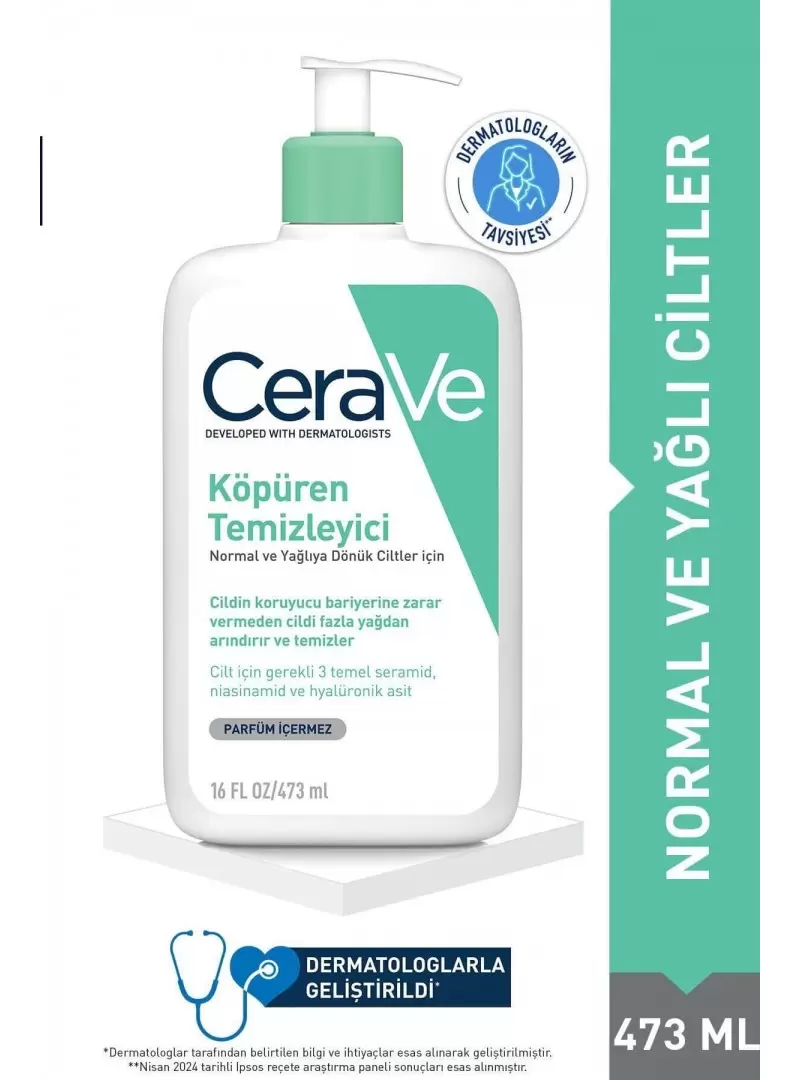 CeraVe Köpüren Temizleyici Seramid İçerikli Normal & Yağlı Ciltler Yüz Vücut 473 ml