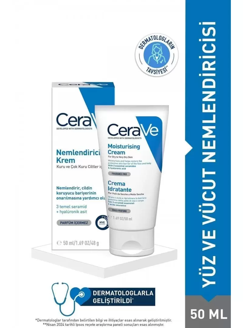 CeraVe Nemlendirici Krem Kuru Ciltler Seramid ve Hyalüronik Asit İçerikli Yüz Vücut 50ml