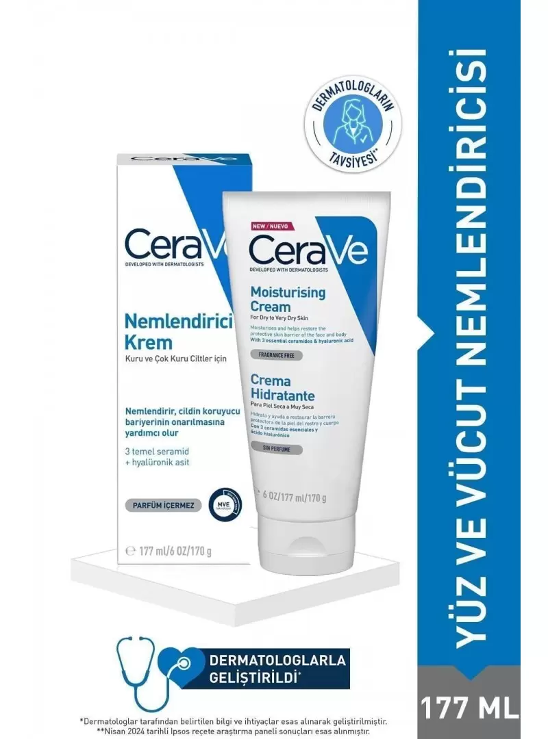 CeraVe Nemlendirici Krem Kuru Ciltler Seramid ve Hyalüronik Asit İçerikli Yüz Vücut 177 ml