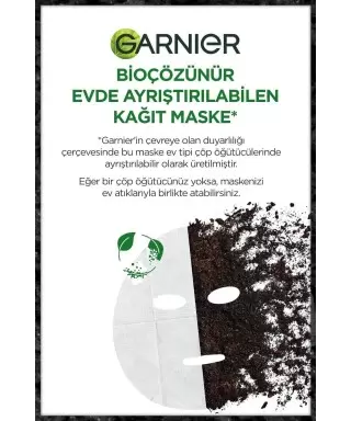 Garnier Saf Kömür Siyah Kağıt Yüz Maskesi Gözenek Sıkılaştırıcı + Yoğun Nemlendirici Etki 28 gr
