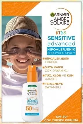 Garnier Ambre Solaire Kids Sensitive Advanced Sprey SPF 50+ - Çocuklar İçin Hassas Cilt Güneş Koruyucu Sprey - 150 ml