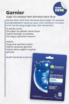 Garnier Nem Bombası Gece Kağıt Yüz Maskesi 28 gr