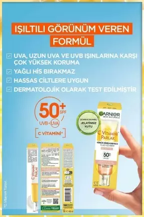 Garnier C Vitamini Parlak Günlük Güneş Koruyucu Fluid Yüz Kremi - Işıltılı Doku - Spf50+ 40 ml