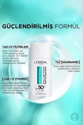 L'Oreal Paris Bright Reveal Spf 50+ Koyu Leke Karşıtı Fluid Yüz Güneş Kremi 50ml