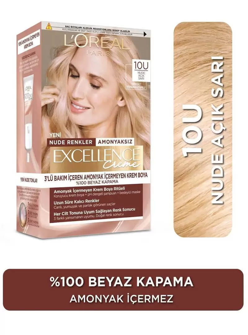 Loreal Paris Excellence Creme Nude Renkler Saç Boyası – 10u Nude Açık Sarı