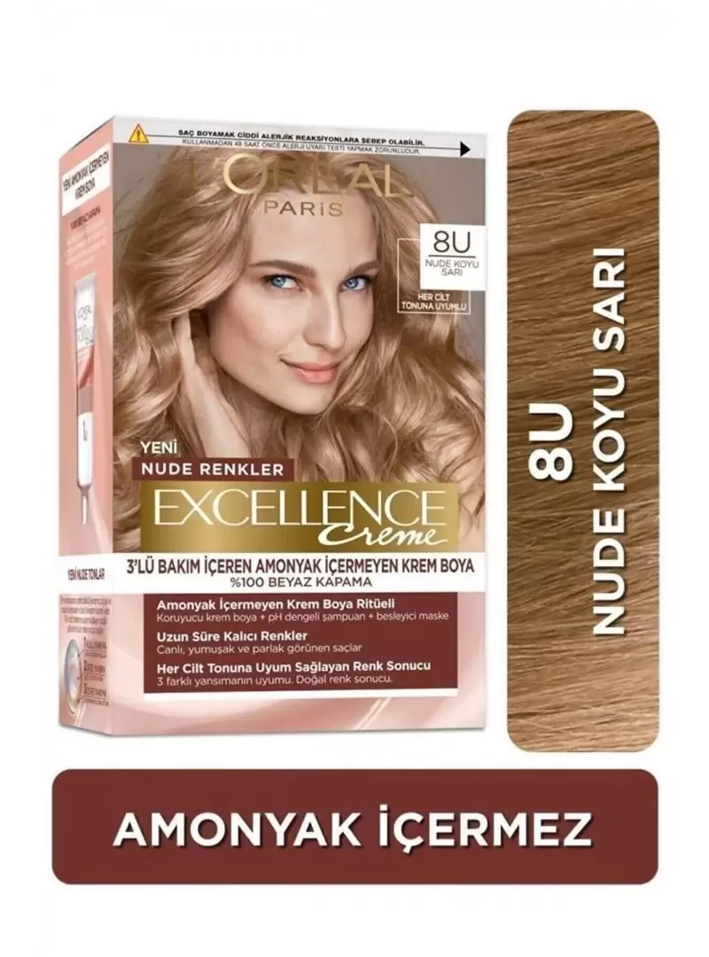 Loreal Paris Excellence Creme Nude Renkler Saç Boyası – 8u Nude Koyu Sarı