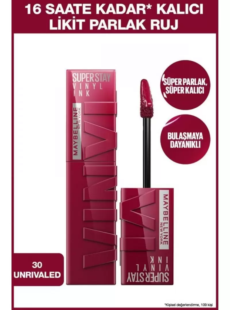 Maybelline New York Super Stay Vinyl Ink Uzun Süre Kalıcı Likit Parlak Ruj - 30 UNRIVALED