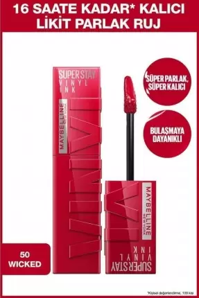 Maybelline New York Super Stay Vinyl Ink Uzun Süre Kalıcı Likit Parlak Ruj - 50 WICKED