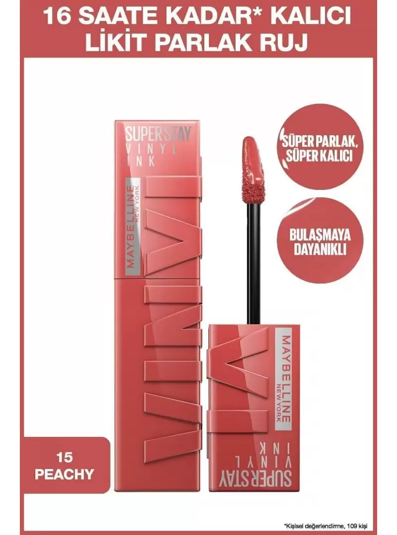 Maybelline New York Super Stay Vinyl Ink Uzun Süre Kalıcı Likit Parlak Ruj - 15 PEACHY