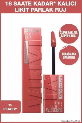 Maybelline New York Super Stay Vinyl Ink Uzun Süre Kalıcı Likit Parlak Ruj - 15 PEACHY