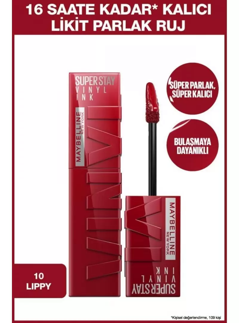 Maybelline New York Super Stay Vinyl Ink Uzun Süre Kalıcı Likit Parlak Ruj - 10 LIPPY