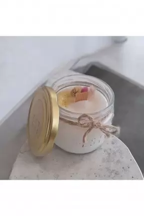 Ebruli Sanat Tasarım %100 Soya Wax Ev Dekorasyonu Cam Kavanoz Çiçek Süslemeli Beyaz Mum