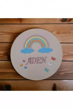 Ebruli Sanat Tasarım Rainbow Desenli Sağlam Ahşap Çocuk Odası Kapı Süsü