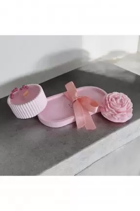 Ebruli Sanat Tasarım 3’lü Set Pembe Beton Döküm ve Soya Wax Mum Seti