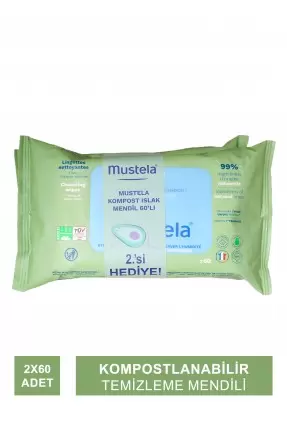 Mustela Compostable Cleansing Wipes - Kompostlanabilir Temizleme Mendili - 2 x 60 Adet