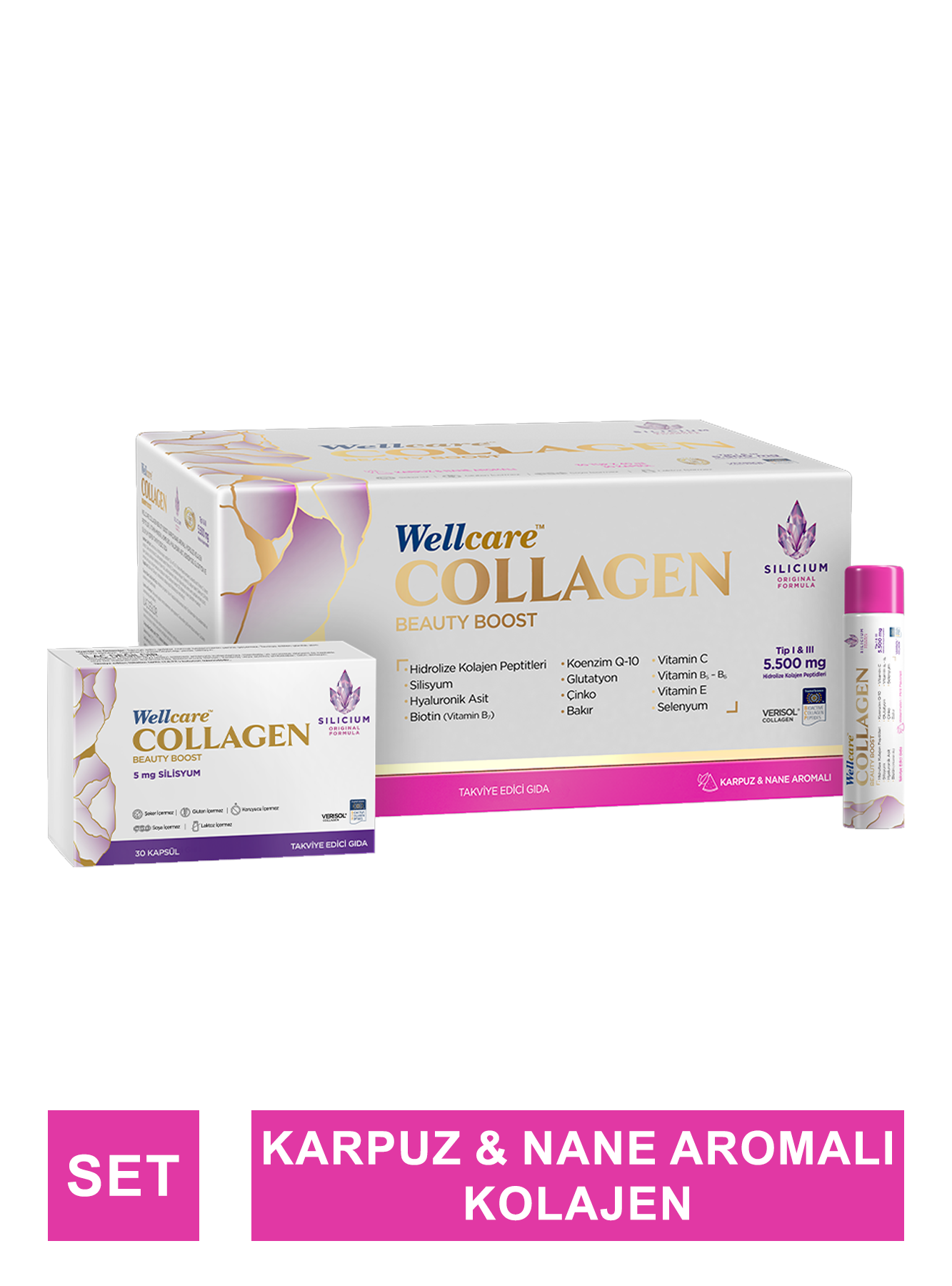 Outlet - Wellcare Collagen Beauty Boost Plus - Karpuz & Nane Aromalı - 10.000 mg Likit Form 40mlx30Shot & 30 Kapsül