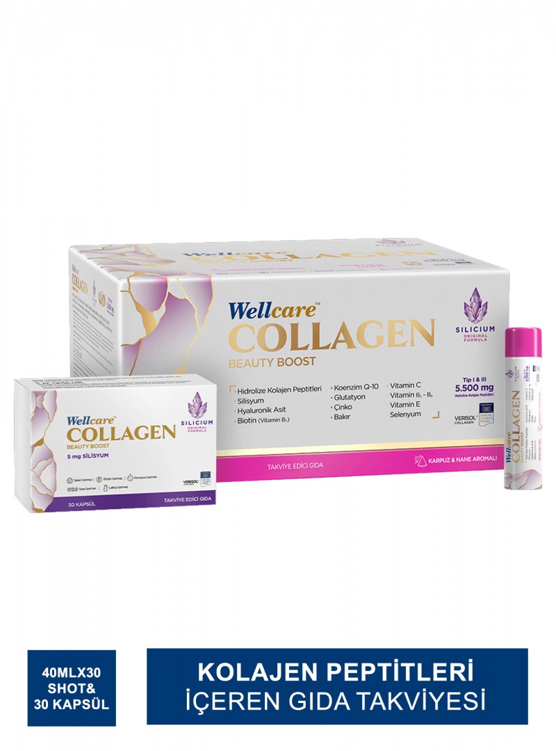 Outlet - Wellcare Collagen Beauty Boost Plus - Karpuz & Nane Aromalı - 5500 mg Likit Form 40mlx30Shot & 30 Kapsül