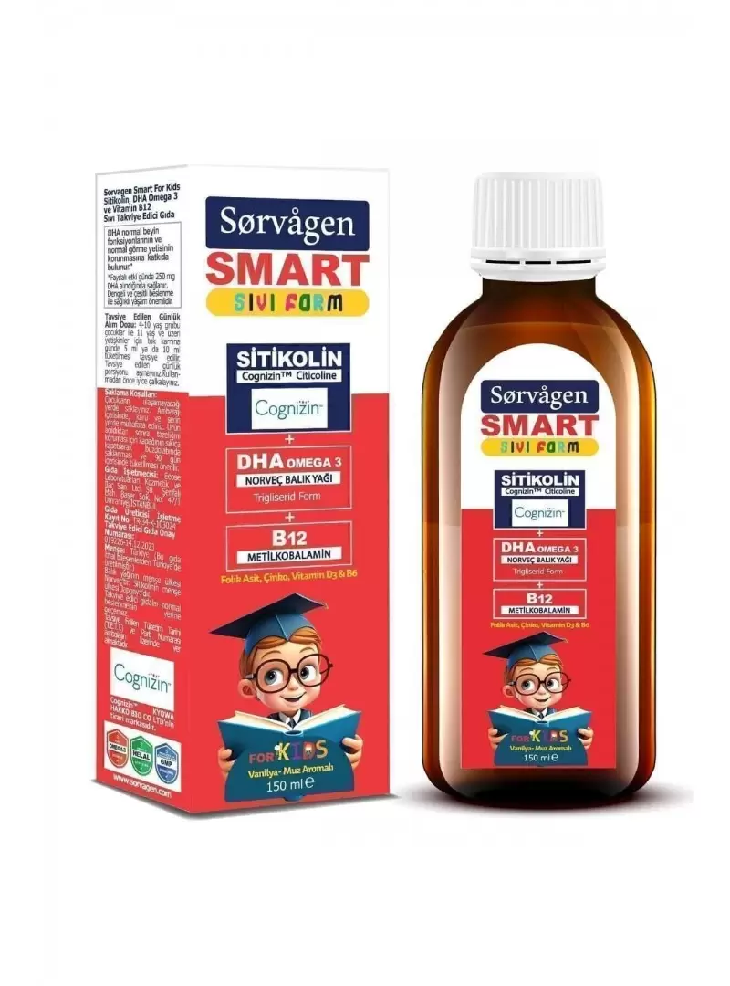 Sorvagen Smart Kids Sıvı Form - Sitikolin DHA Omega 3 Norveç Balık Yağı ve B12 - 150 ml