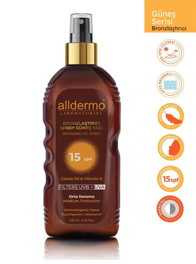Alldermo Bronzlaştırıcı Sprey Güneş Yağı Spf 15 200 ml - Alldermo