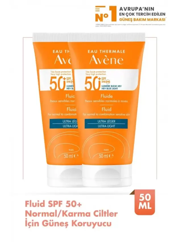 Avene Fluide SPF 50+ Normal/ Karma Ciltler için Güneş Koruyucu 50 ml - 2 Adet - 1