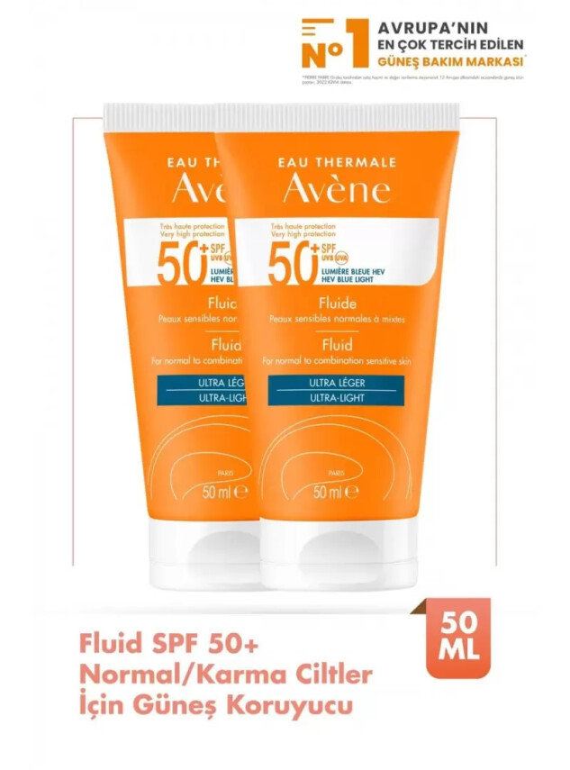 Avene Fluide SPF 50+ Normal/ Karma Ciltler için Güneş Koruyucu 50 ml - 2 Adet - Avene