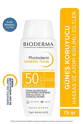 Bioderma Photoderm SPF 50+ Mineral Fluide Çok Hassas Ciltler Yüksek Korumalı Mineral Güneş Koruyucu Krem 75 gr - Bioderma