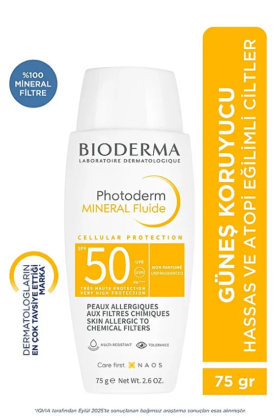 Bioderma Photoderm SPF 50+ Mineral Fluide Çok Hassas Ciltler Yüksek Korumalı Mineral Güneş Koruyucu Krem 75 gr - 1