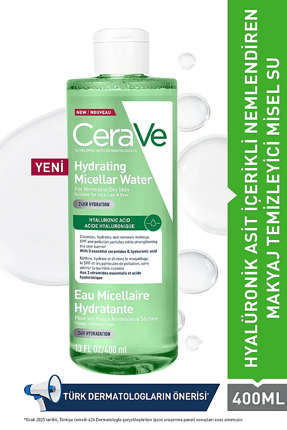 CeraVe Hyalüronik Asit İçerikli Nemlendiren Micellar Makyaj Temizleme Suyu 400 ml - 1