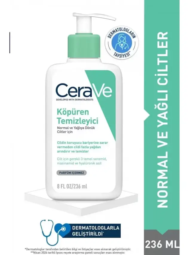 CeraVe Köpüren Temizleyici Seramid İçerikli Normal & Yağlı Ciltler Yüz Vücut 236 ml - 1