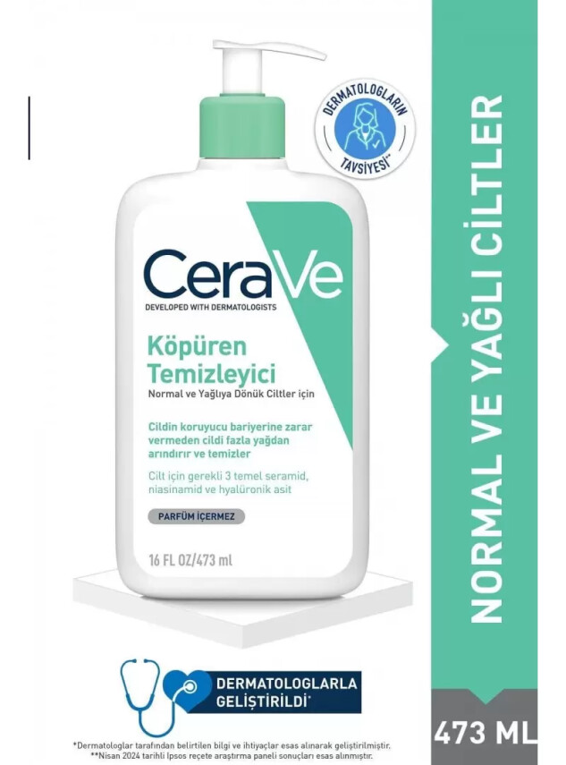 CeraVe Köpüren Temizleyici Seramid İçerikli Normal & Yağlı Ciltler Yüz Vücut 473 ml - Cerave