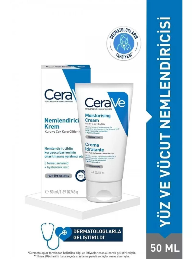 CeraVe Nemlendirici Krem Kuru Ciltler Seramid ve Hyalüronik Asit İçerikli Yüz Vücut 50ml - Cerave