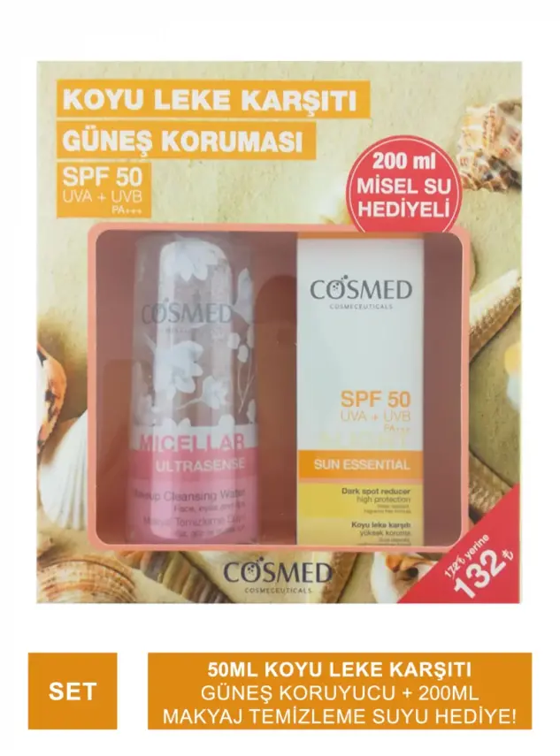 Cosmed Sun Essential SPF50+ Koyu Leke Karşıtı Güneş Kremi 50ml + Micellar Ultrasense Makyaj Temizleme Suyu 200ml - 1