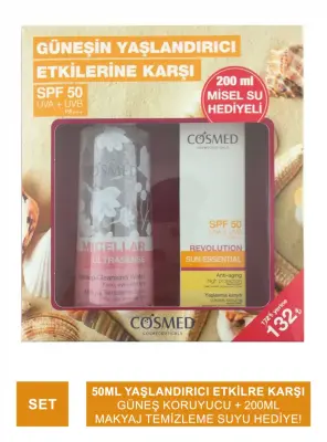 Cosmed Sun Essential SPF50+Revolutıon Yaşlanma Karşıtı Güneş Kremi 50 ML + Ultrasense Makyaj Temizleme Suyu 200 ml - 1