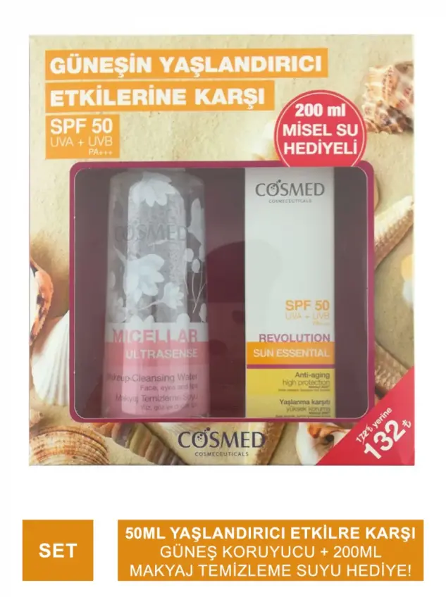 Cosmed Sun Essential SPF50+Revolutıon Yaşlanma Karşıtı Güneş Kremi 50 ML + Ultrasense Makyaj Temizleme Suyu 200 ml - 1