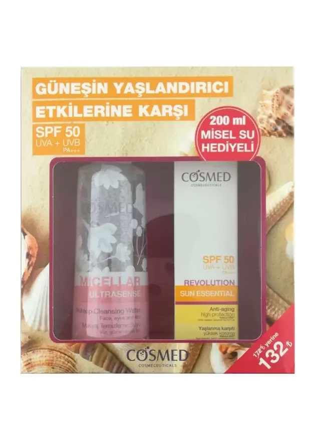 Cosmed Sun Essential SPF50+Revolutıon Yaşlanma Karşıtı Güneş Kremi 50 ML + Ultrasense Makyaj Temizleme Suyu 200 ml - 2