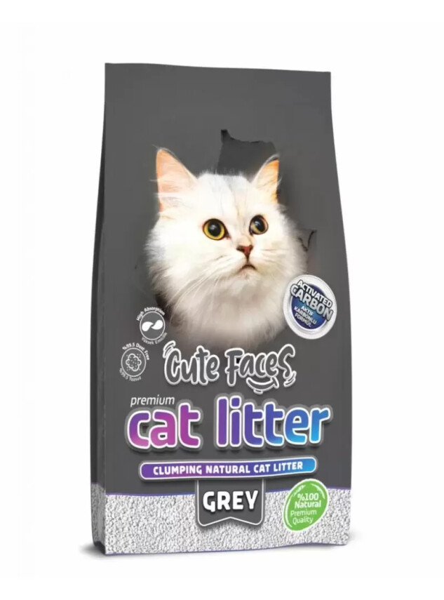 Cute Faces Grey Aktif Karbon Topaklanan İnce Taneli Kedi Kumu 10L. - Cute Faces