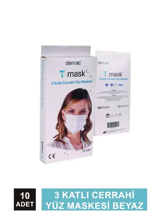 Dentac T-Mask 3 Katlı Cerrahi Yüz Maskesi Beyaz 10 Adet - 3