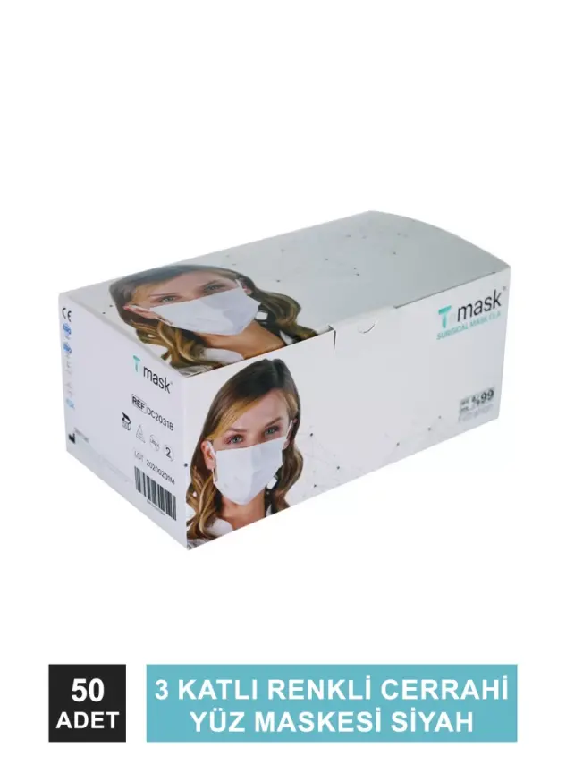 Dentac T-Mask 3 Katlı Renkli Cerrahi Yüz Maskesi Siyah 50 Adet - 2